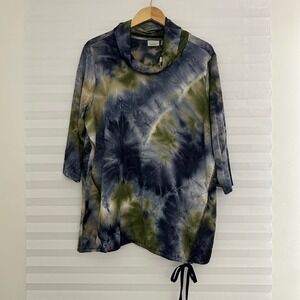 LOGO Lounge Lori Goldstein Tie Dye Cowl Neck Tunic Top Green Blue 1X‎ Pockets